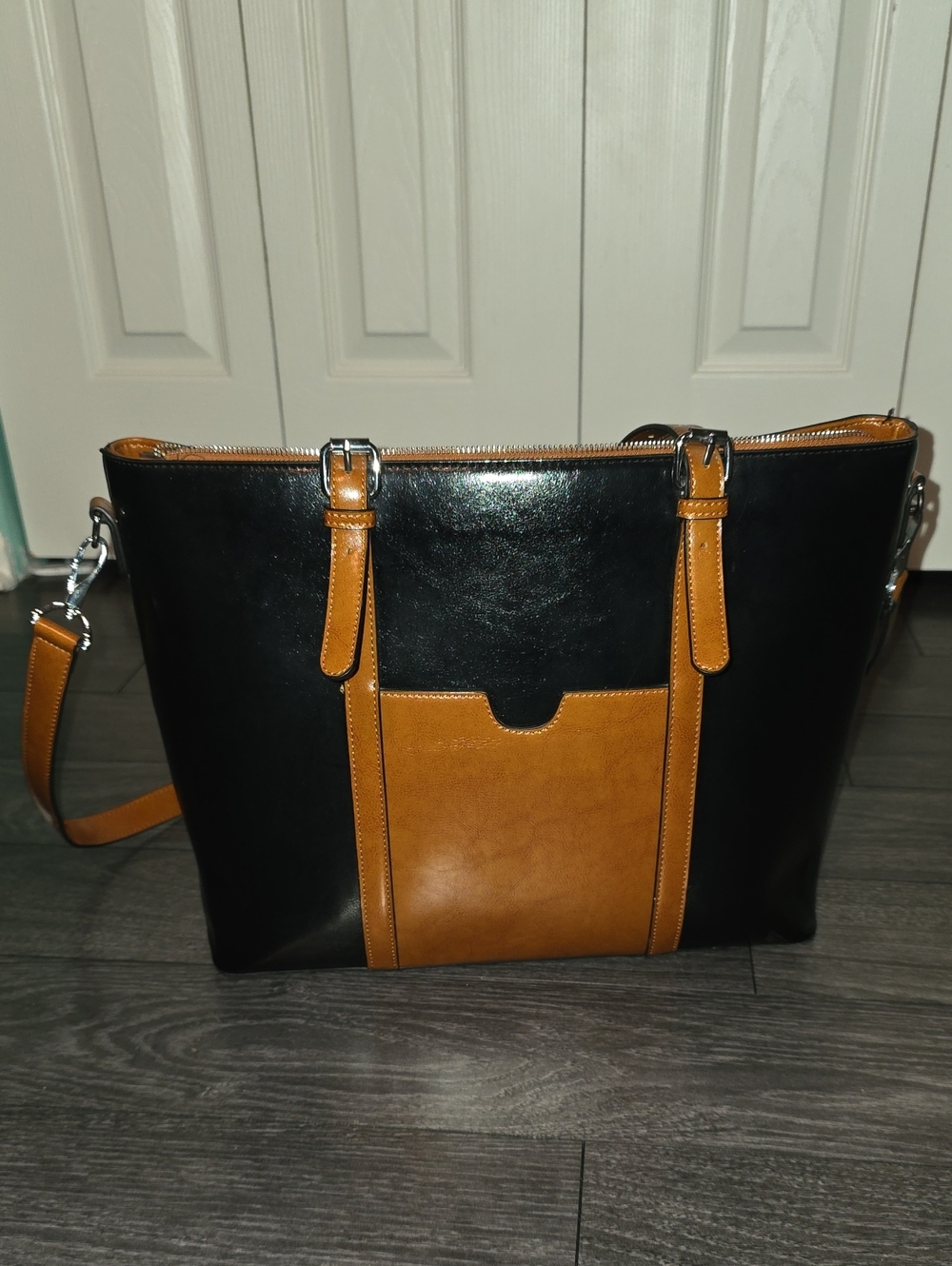 Black and Tan Leather Tote Bag - Stylish Women's Shoulder Bag